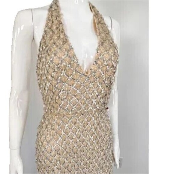 MAC DUGGAL SEQUIN CRYSTAL FRINGED HALTER STRAP GOWN NUDE SILVER SZ‎ 0 5678 RARE - Picture 3 of 10